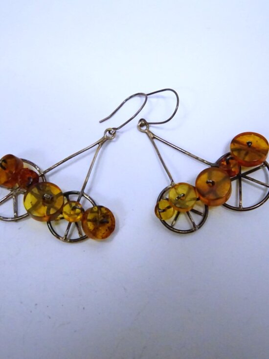 Unique Modernist Amber Earrings - Funky  Design - Large Bicycle Dangles